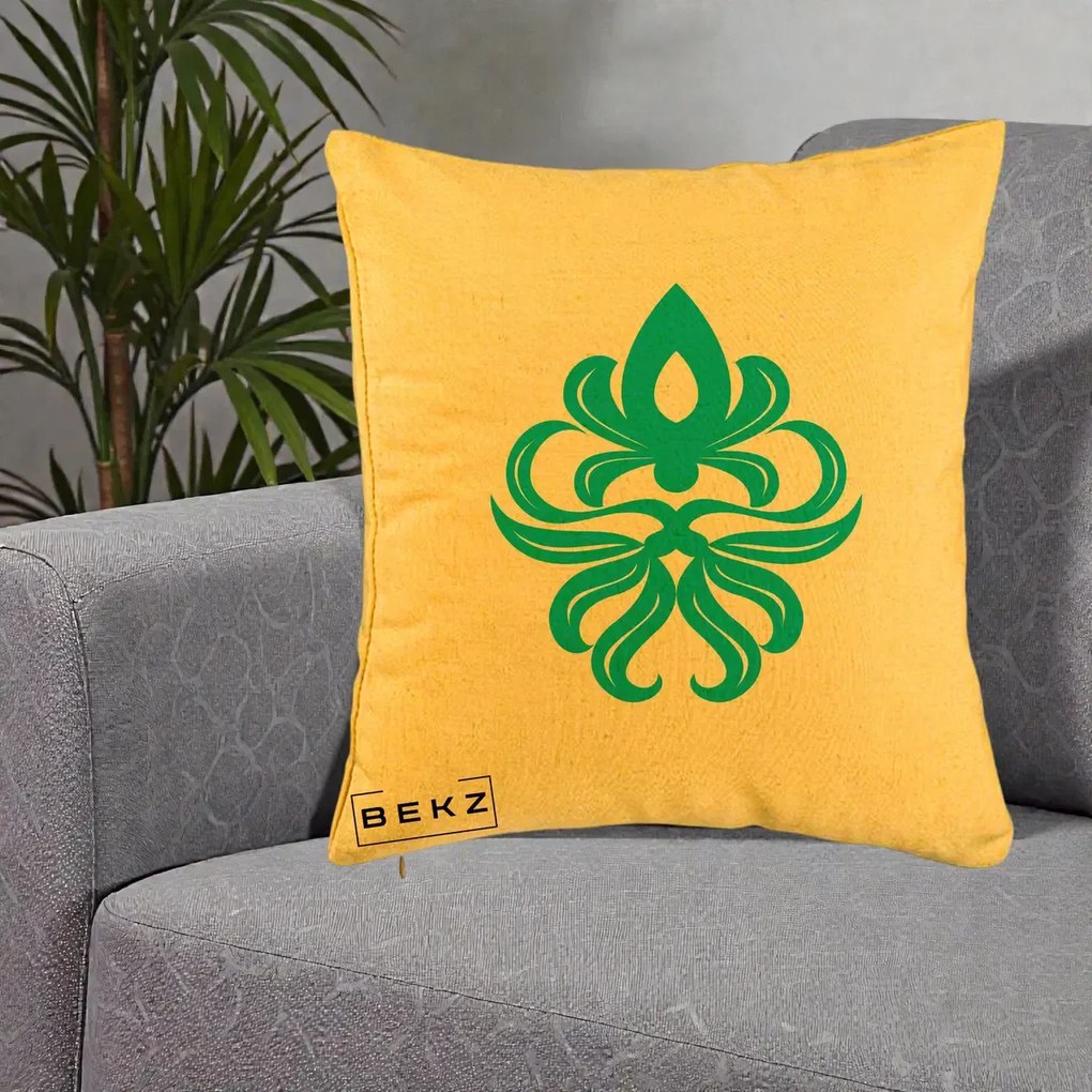 Perna Decorativa Ornament Turcoaz Fleur de Lis, 40x40 cm, Galben, Husa Detasabila, Perna Inclusa, BEKZ®
