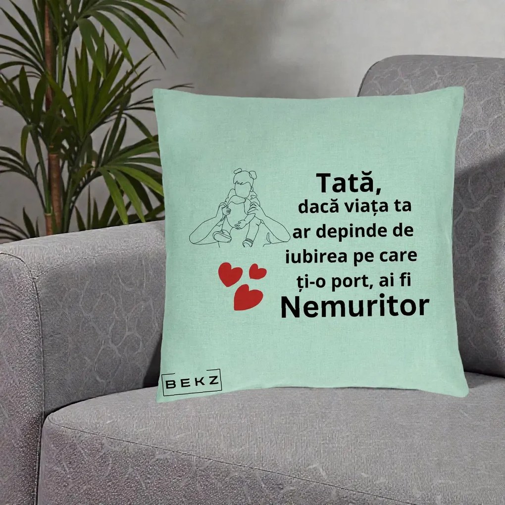 Cadou pentru Tata - Perna Personalizata Tata Nemuritor Mesaj, 40x40 cm, Verde Menta, Husa Detasabila, Perna Inclusa, BEKZ®