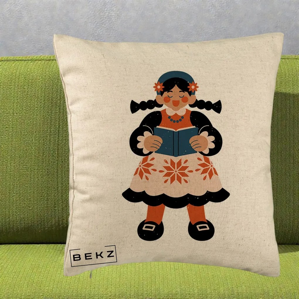 Perna Personalizata Fetita cu Carte Ilustratie Folk, 40x40 cm, Bej, Husa Detasabila, Perna Inclusa, BEKZ®