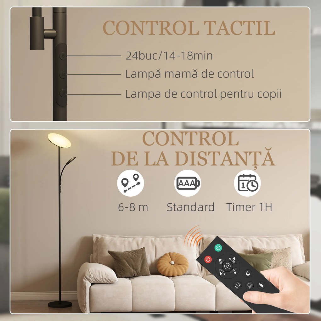 HOMCOM Lampă de Podea cu 2 Surse de Lumină Reglabile pe 4 Niveluri și Telecomandă, Neagră | Aosom Romania