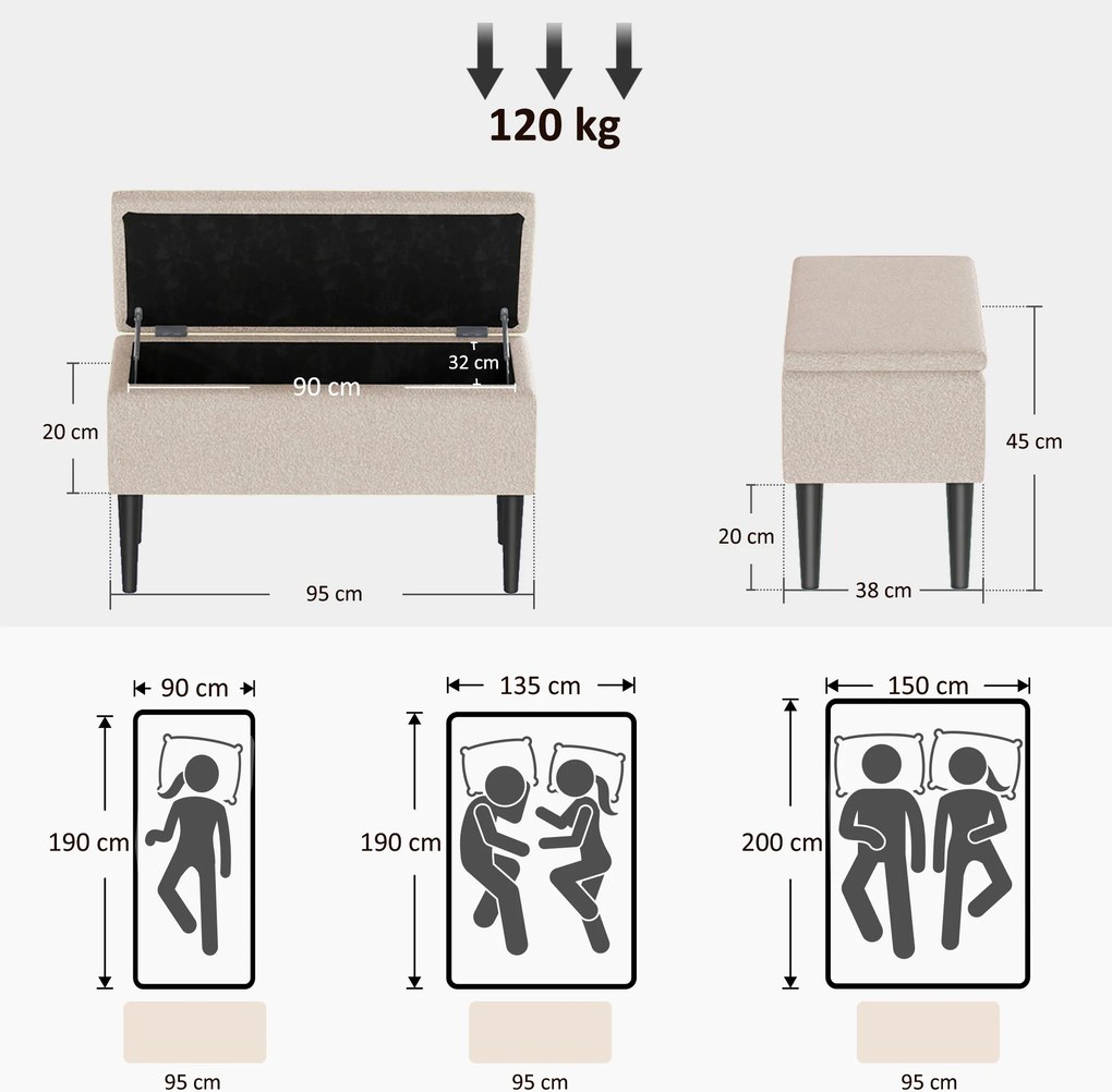 HOMCOM Scaun Modern cu Spațiu de Depozitare și Picioare din Lemn, Scaun Tapițat pentru Living sau Dormitor, 95x38x45 cm, Bej | Aosom Romania