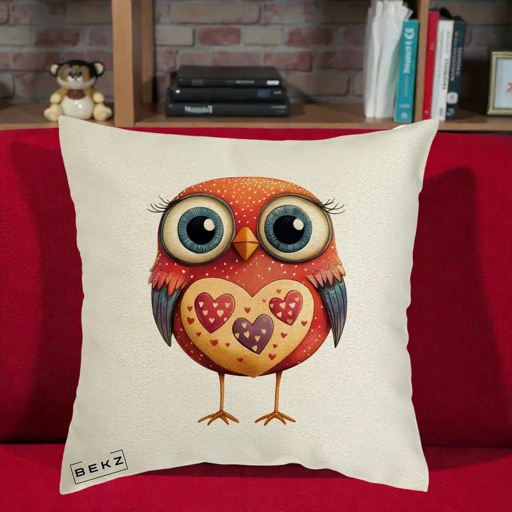 Perna Decorativa Bufnita Rosie cu Inimi Aurii, 40x40 cm, Ecru, Husa Detasabila, Perna Inclusa, BEKZ®