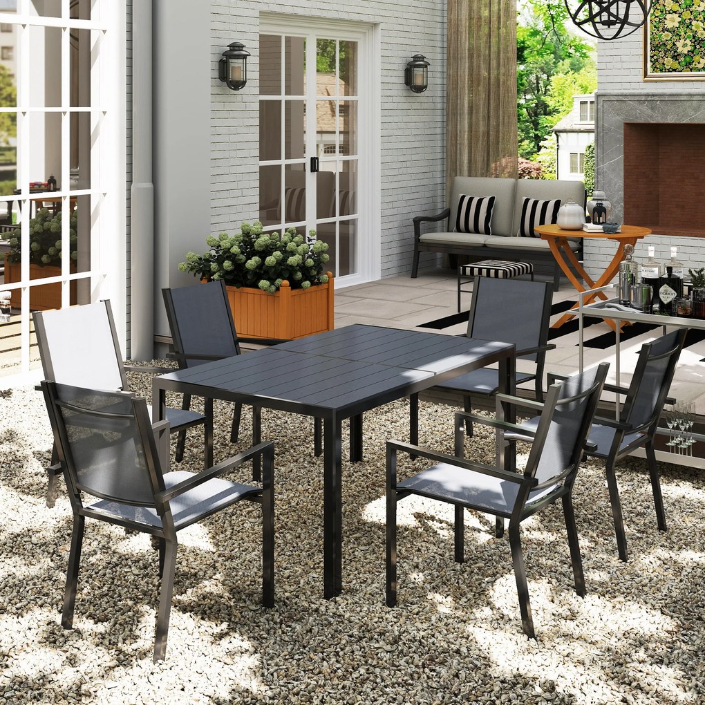 Outsunny Set Masă de Grădină cu Scaune, 7 Piese, Set de Prânz cu Masă cu Blat din Lemn Compozit cu Șipci și 6 Scaune de Exterior Stivuibile, Mobilier din Oțel cu Texteline, Gri și Negru | Aosom Romania