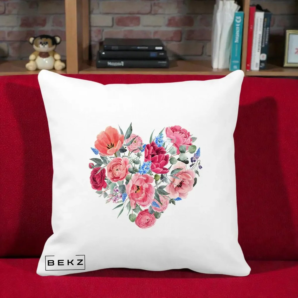 Perna Decorativa Inima din Bujori Acuarela, 40x40 cm, Alba Mata, Husa Detasabila, Perna Inclusa, BEKZ®