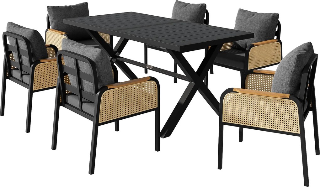 Set modern de masă pentru grădină și terasă, 6 piese, cu cadru din fier în formă de cruce, Negru+Culoare naturală