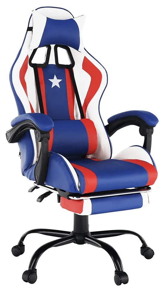 Scaun de birou, Captain America, piele eco albastru rosu alb, cu suport pentru picioare, Bortis Impex