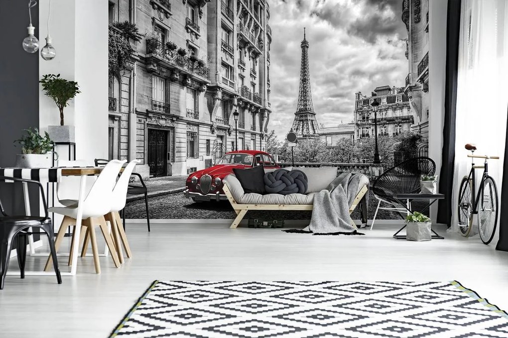 Fototapet - Mașina roșie la Paris (152,5x104 cm)