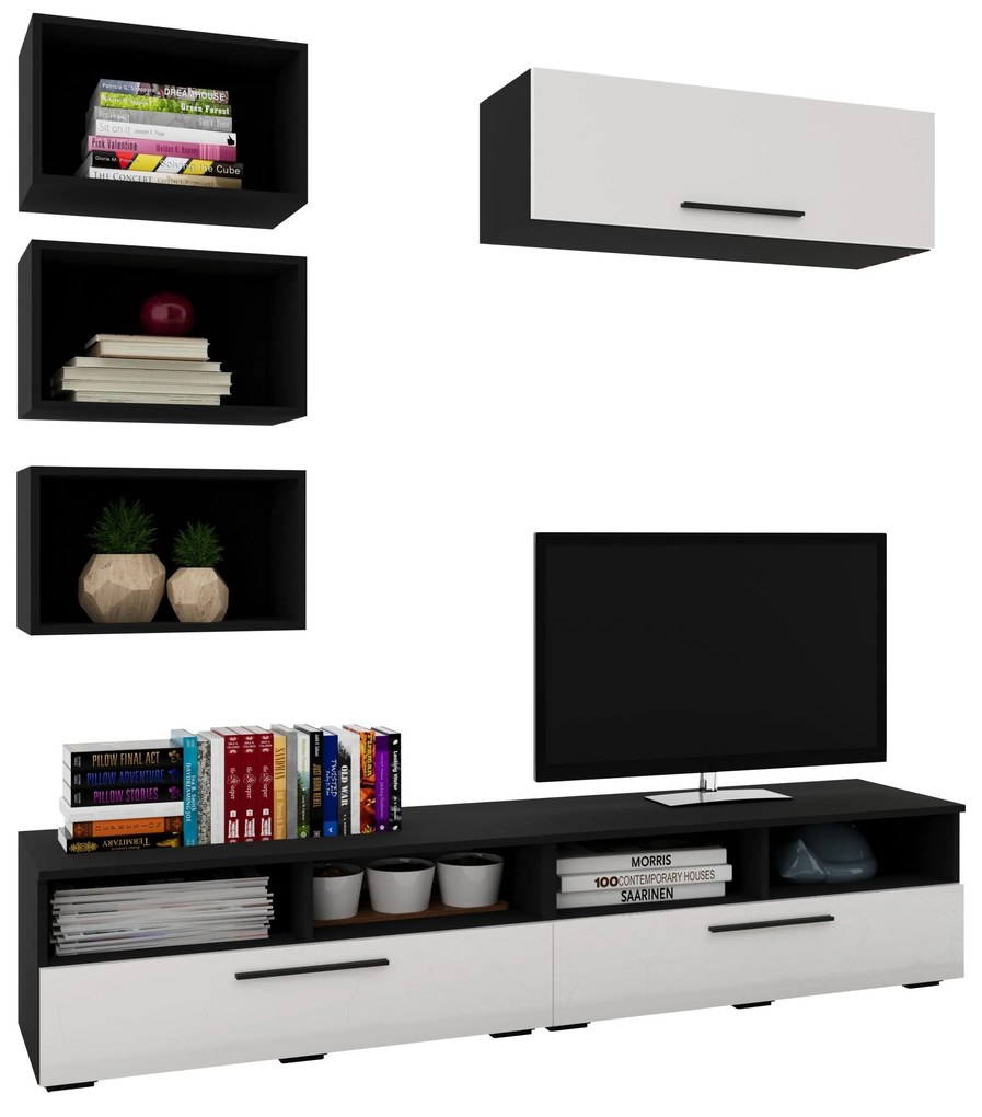 Living Kos V17, Negru/Alb Lucios, MDF, L 190 cm