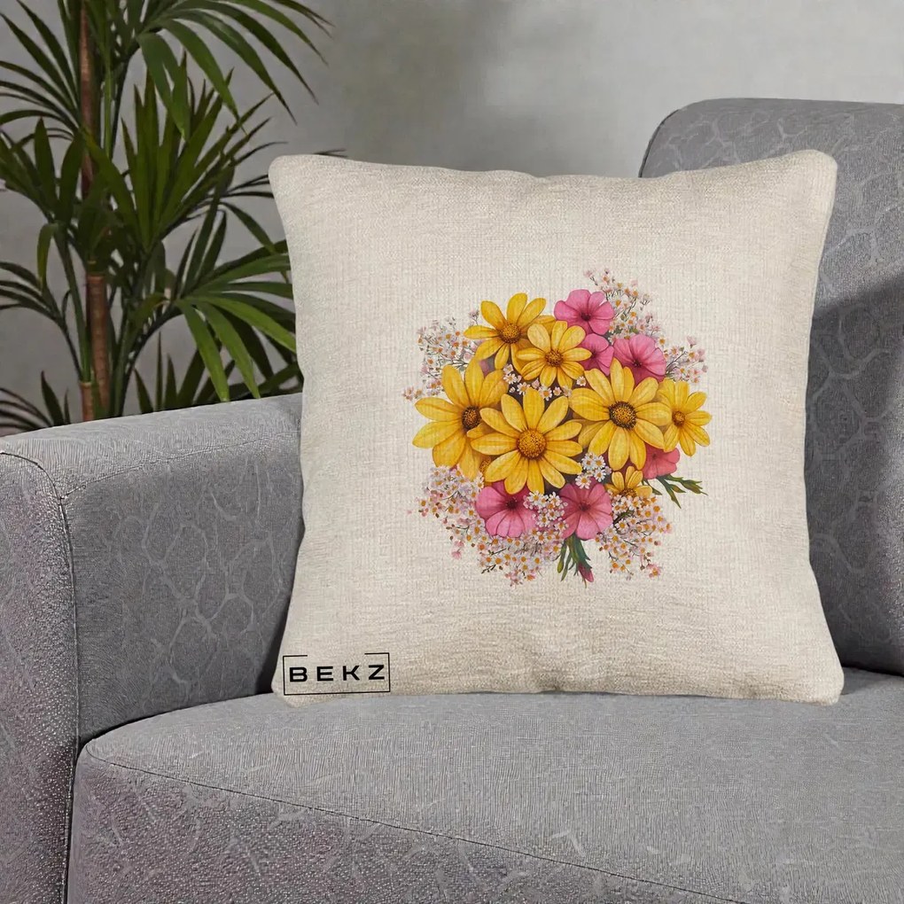 Perna Decorativa Floarea-Soarelui cu Cosmos Roz si Gypsophila, 40x40 cm, Bej Canapea, Husa Detasabila, Perna Inclusa, BEKZ®