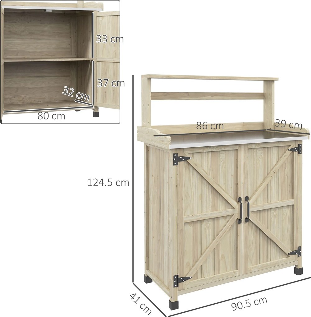 Outsunny Masă de transplant masă de grădinărit dulap și rafturi și blat tălpi antiderapante 90,5x41x124,5cm lemn natural | Aosom Romania