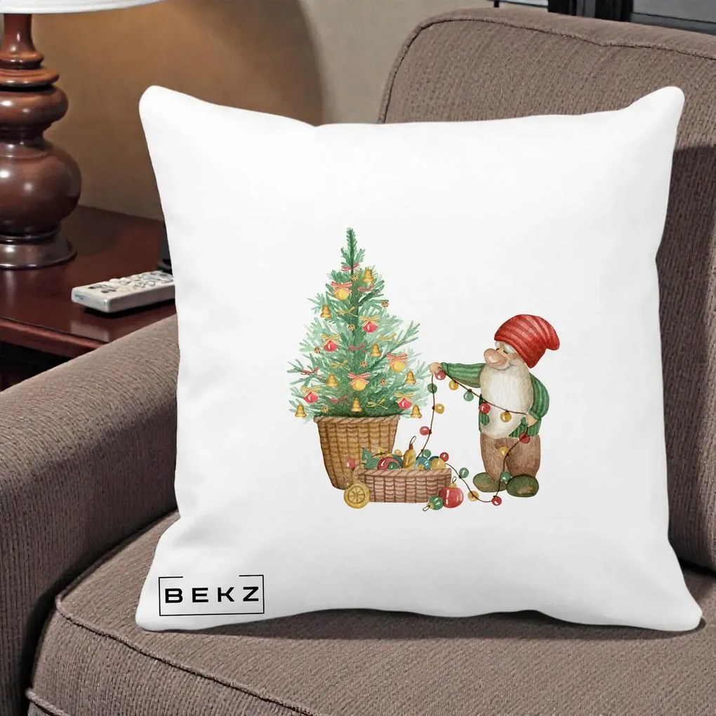 Perna Decorativa Pitic de Craciun cu Brad, 40x40 cm, Alba Mata, Husa Detasabila, Perna Inclusa, BEKZ®