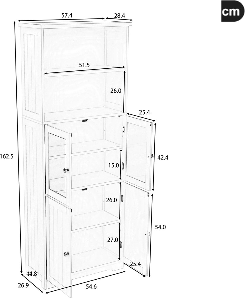 Dulap înalt pentru baie cu spațiu de depozitare, ușă de dulap din sticlă, rafturi ajustabile, 57,4x28,4x162,5 cm, Gri