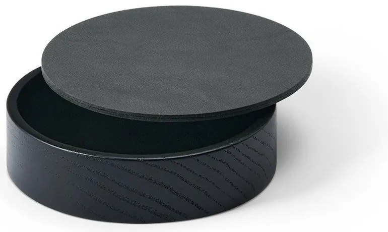 Cutie de depozitare neagră-gri antracit din lemn și din piele ecologică cu capac, decorativă ø 11x3,5 cm Circle Nupo – LIND DNA
