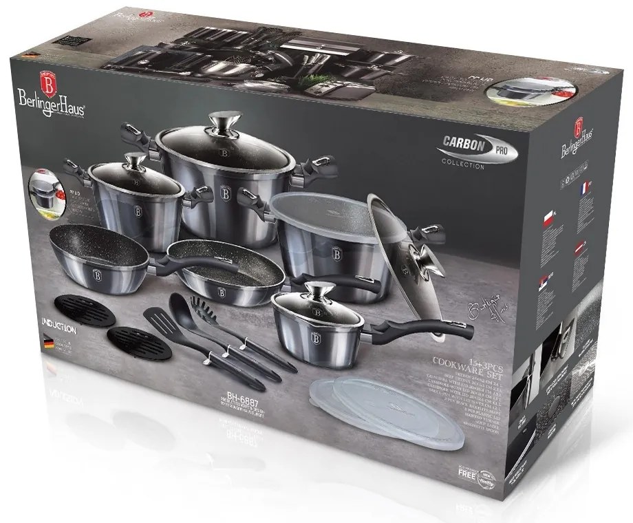 RESIGILAT - Set oale si tigai marmorate cu capace, ustensile, antiaderente, 18 piese Berlinger Haus Carbon Pro BH 6887