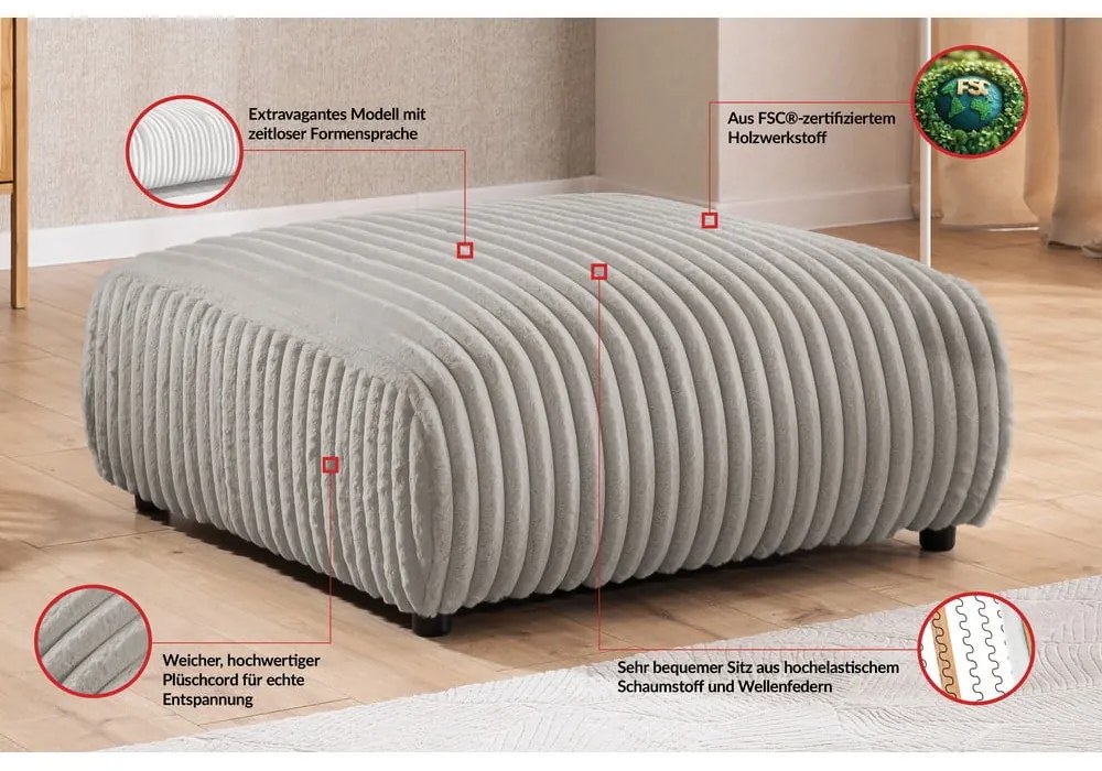 Taburet gri deschis cu tapițerie din catifea reiată Justin – Ropez