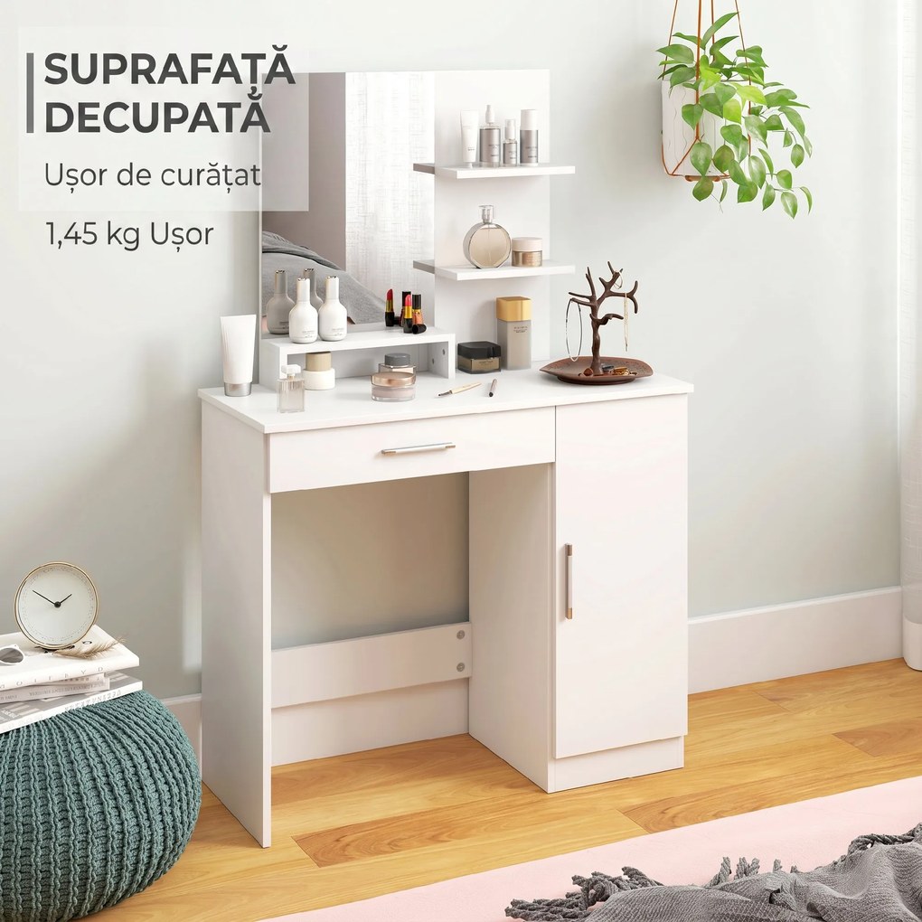 HOMCOM Masuță cu Oglindă de Machiaj din PAL Alb 90x38x138 cm | Aosom Romania