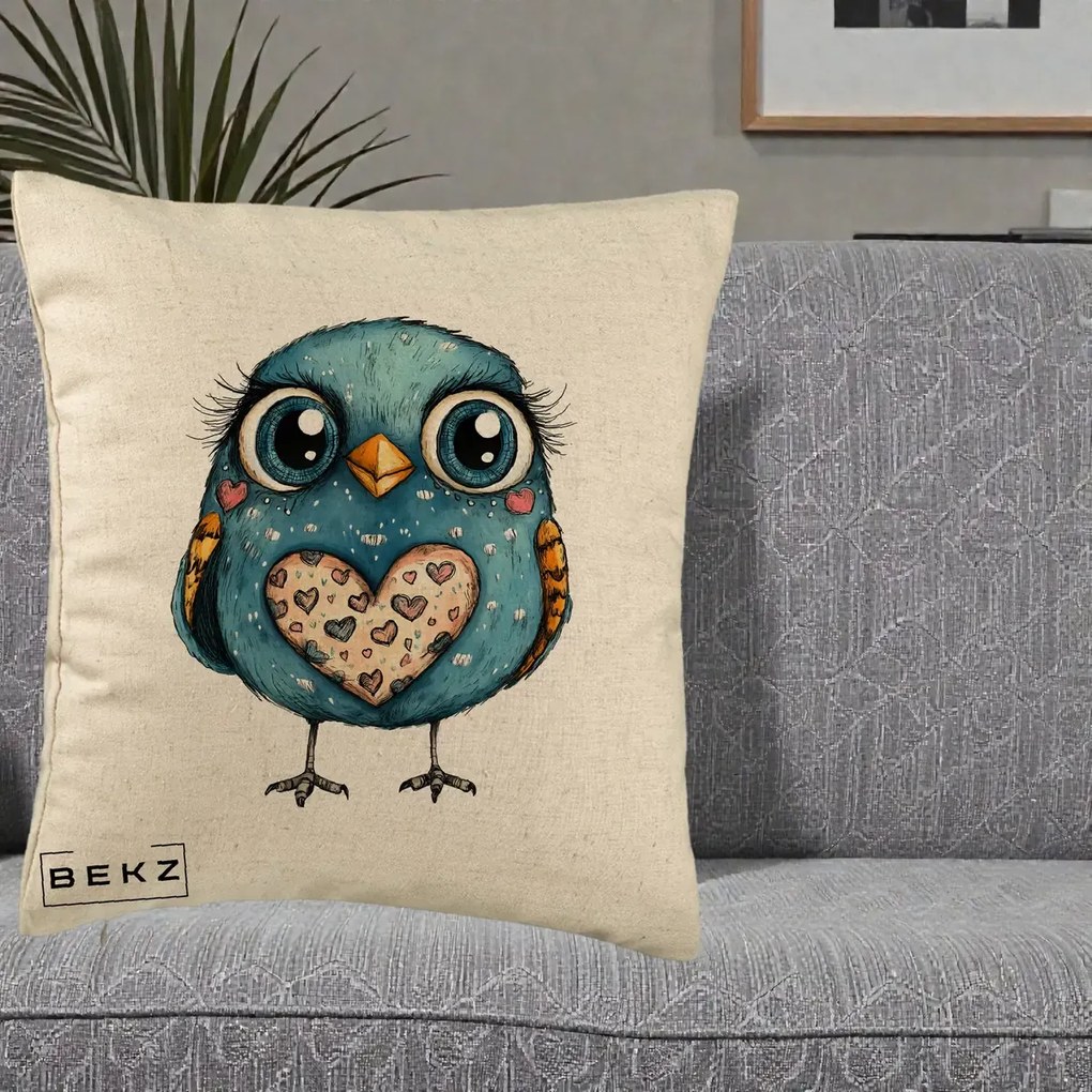Perna Decorativa Bufnita Albastra cu Inimioare, 40x40 cm, Bej, Husa Detasabila, Perna Inclusa, BEKZ®