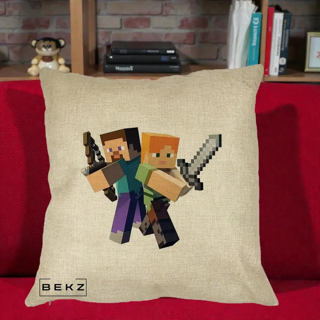 Perna Personalizata Minecraft Steve si Alex, 40x40 cm, Crem, Husa Detasabila, Perna Inclusa, BEKZ®