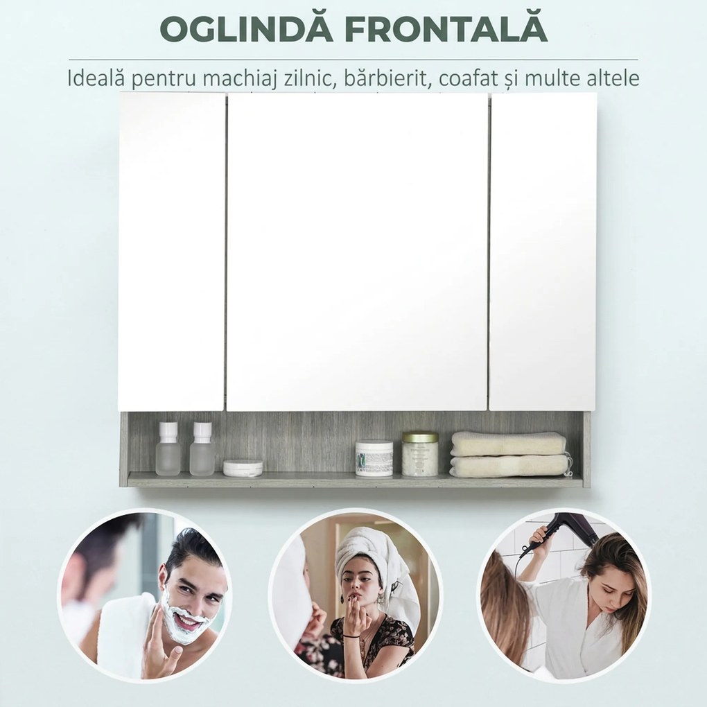 kleankin Dulap cu Oglindă cu 4 Secțiuni și Rafturi Reglabile, Oglindă de Baie din Lemn și Sticlă, 90x15x75 cm, Gri | Aosom Romania