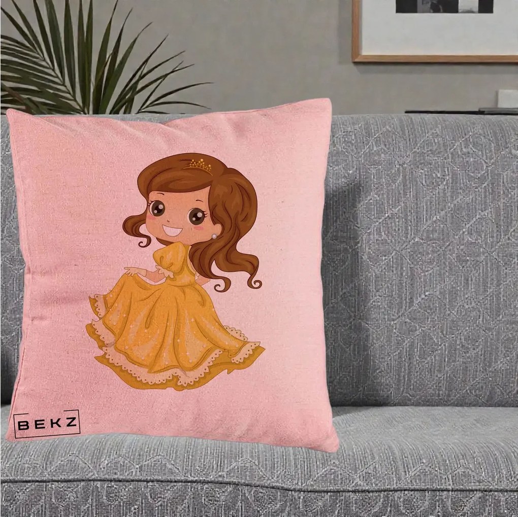 Perna Decorativa Printesa Bella Rochie Aurie, 40x40 cm, Roz, Husa Detasabila, Perna Inclusa, BEKZ®