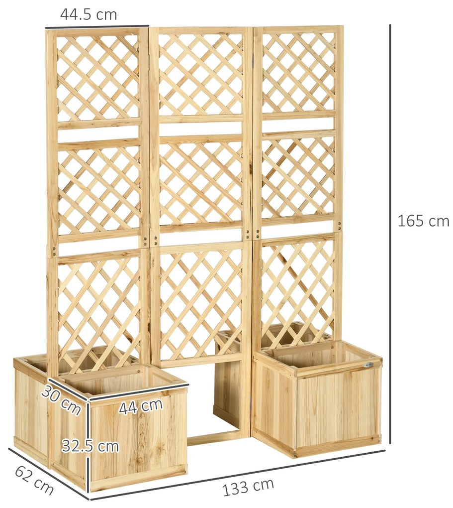 Outsunny Paravan pentru Grădină, triplu pliabil, 4 ghivece de flori, lemn masiv, culoare naturală, 133 x 62 x 165 cm | Aosom Romania
