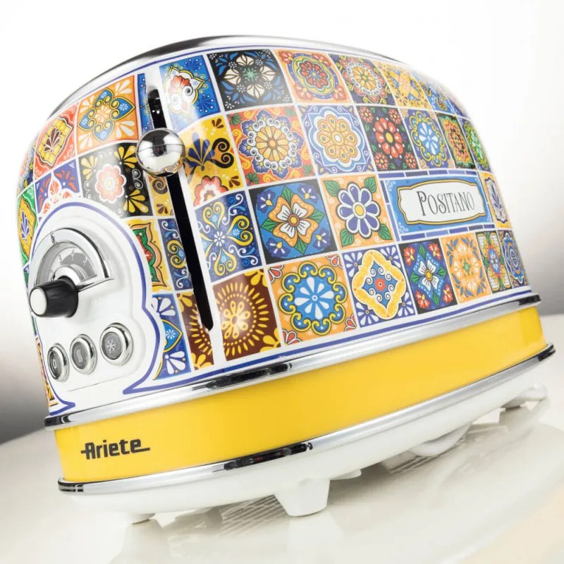 Prajitor de paine Ariete Positano 0155/0P, 810W, 2 felii, 3 functii, 6 trepte, Tava firimituri detasabila, Alb/Galben