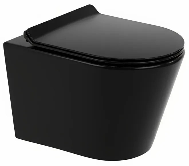 Tina toaletă fără margine montată pe perete cu scaun cu închidere moale negru