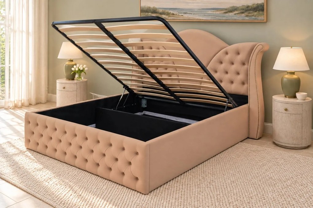 Pat tapițat Chesterfield din catifea Velora 140×200 cm, cappuccino, cu ladă de depozitare