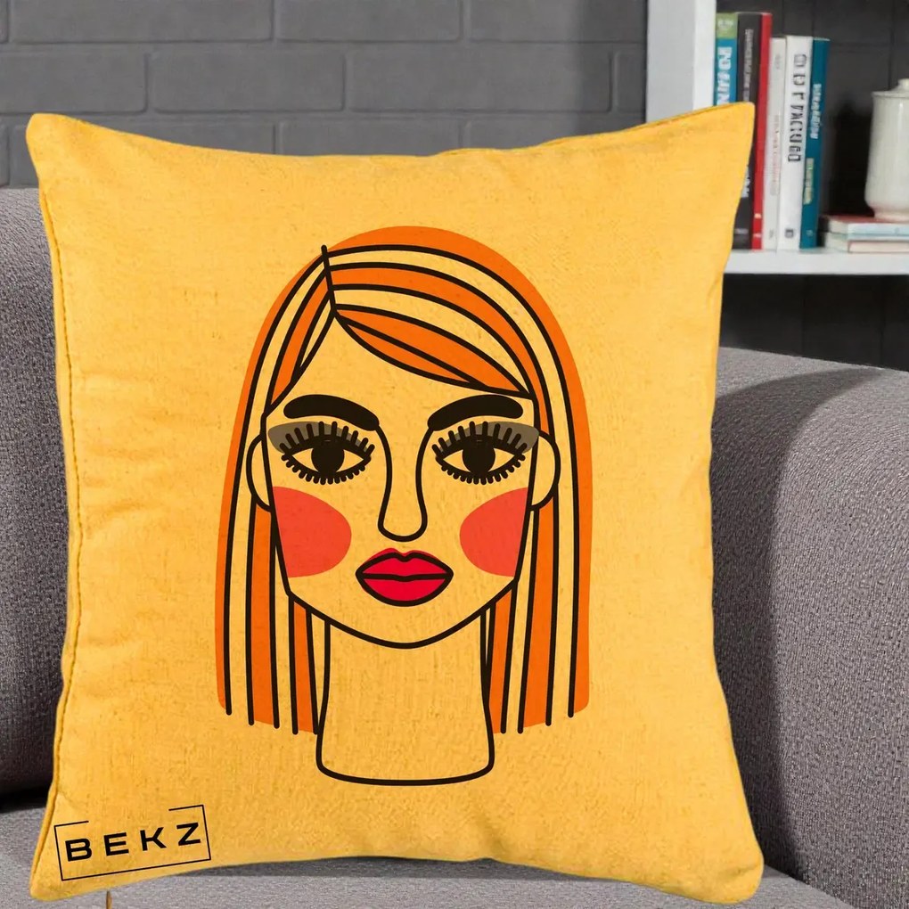 Perna Decorativa Portret Pop Art Fata, 40x40 cm, Galben, Husa Detasabila, Perna Inclusa, BEKZ®