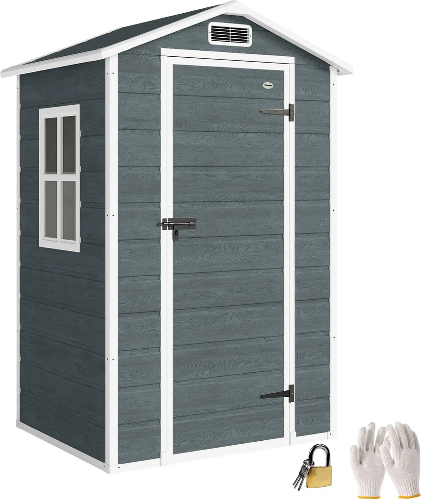 Outsunny Adăpost de grădină din plastic 1,28 x 1,04 m cu podea, uşă încuiabilă, fereastră şi ventilaţie, gri patinat | Aosom Romania