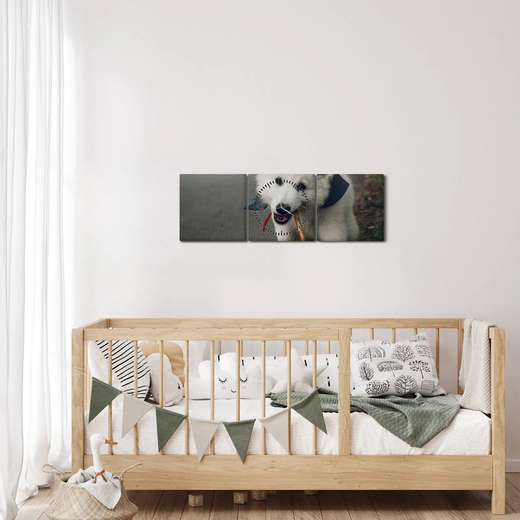 Tablou cu câinele alb (cu ceas) (90x30 cm)