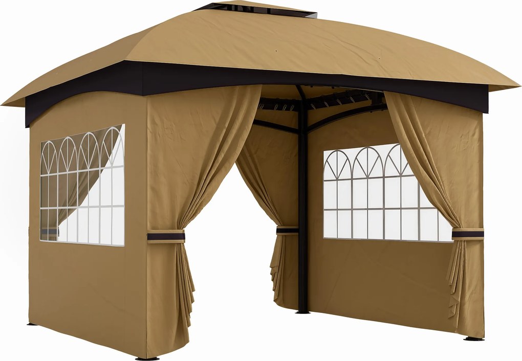 Outsunny Pavilion de Grădină cu Copertină, Perdele, Ferestre și Acoperiș Ventilat, 335x335x285 cm, Bej | Aosom Romania