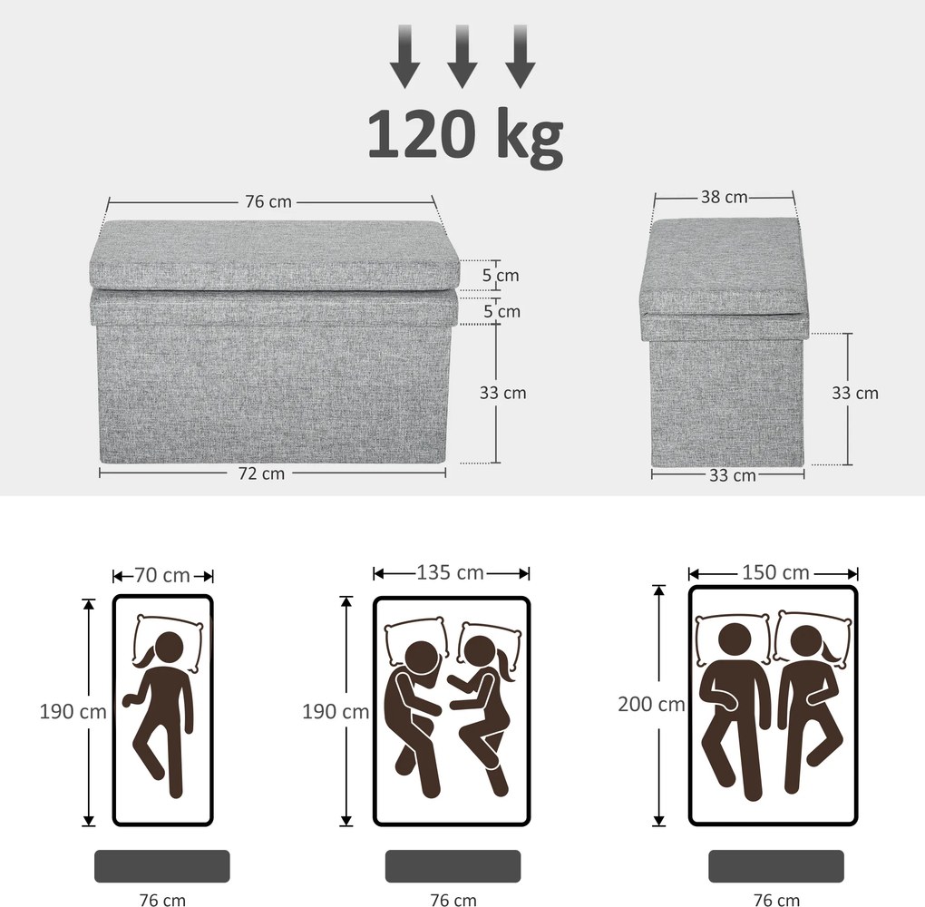 HOMCOM Bancă Pliabilă cu Spătar și Compartiment de 77L, Acoperire din Țesătură, 76x50x73 cm, Gri | Aosom Romania