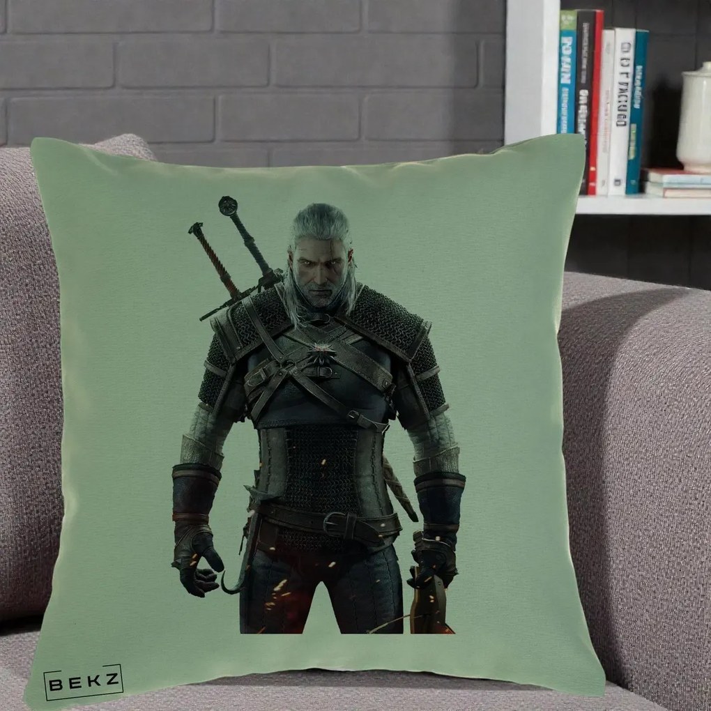 Perna Personalizata The Witcher Geralt of Rivia Portret, 40x40 cm, Verde, Husa Detasabila, Perna Inclusa, BEKZ®