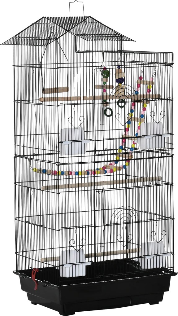 PawHut Colivie pentru Păsări cu Scăriță, Leagăn, Boluri și Jocuri, Colivie pentru Păsări din Oțel, PP și Lemn, 46x36x100 cm, Negru | Aosom Romania