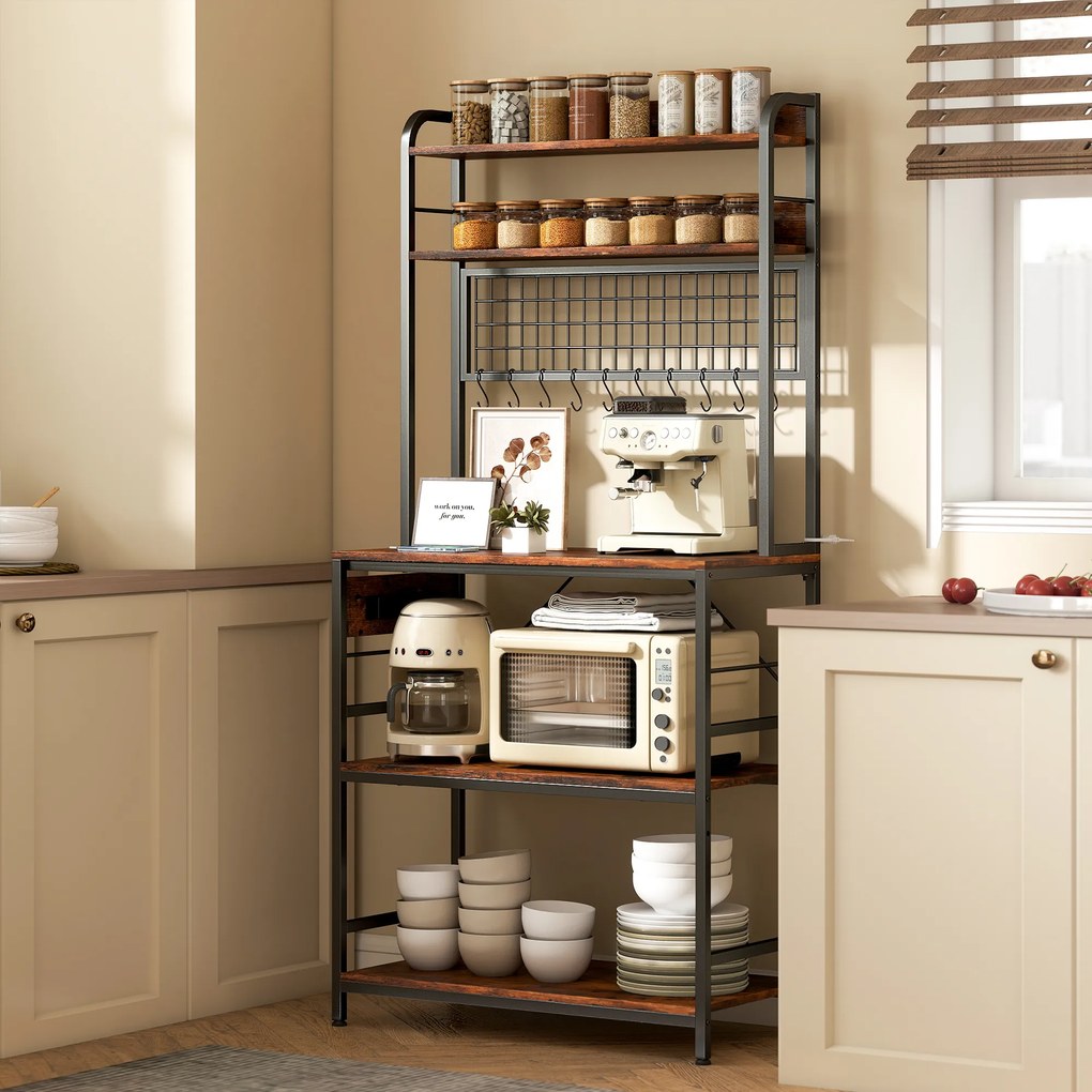 HOMCOM Raft de Bucătărie cu Prize și Rafturi Reglabile, Raft pentru Cuptor cu Microunde cu 5 Niveluri, Panou cu Grilaj și 10 Cârlige, Mobilier Vintage Structură din Oțel, 80x40x170 cm, Maro Rustic | Aosom Romania