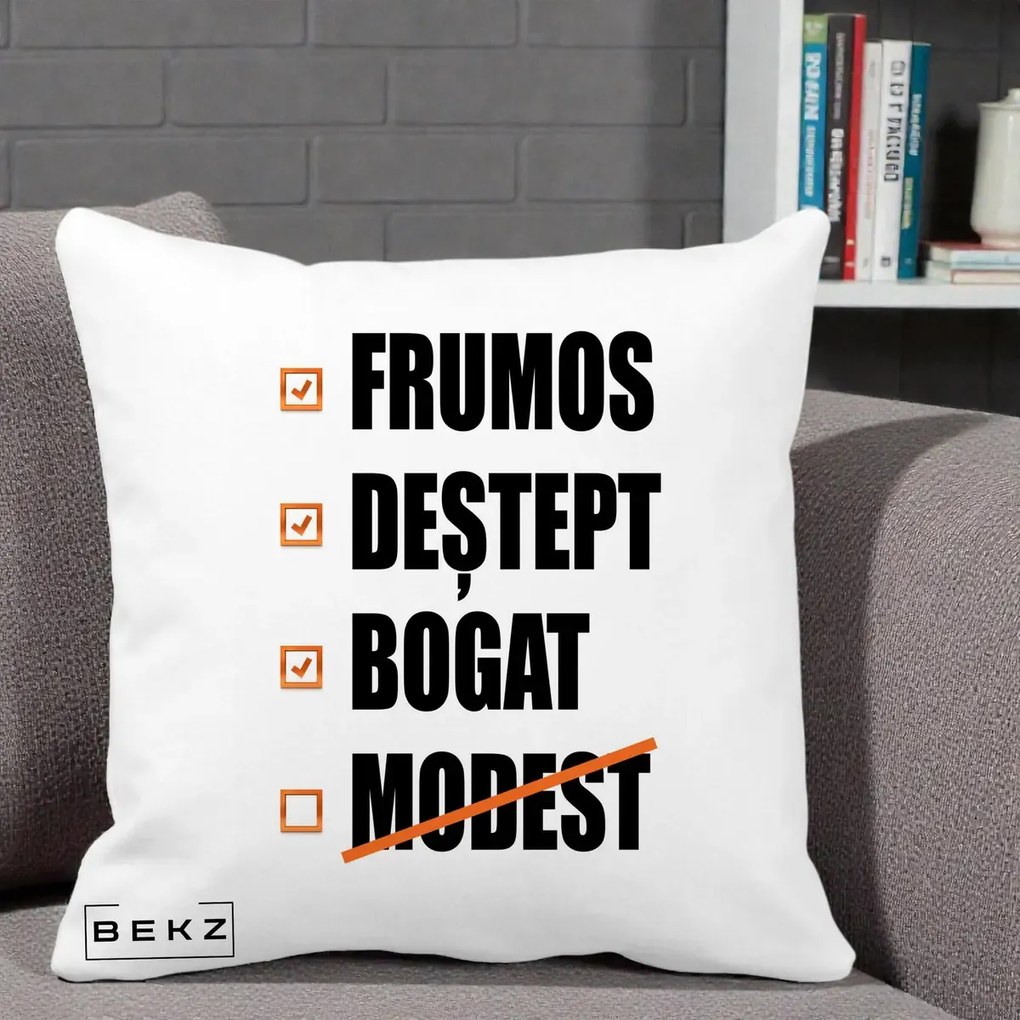 Perna Decorativa Frumos Destept Bogat, 40x40 cm, Alba Mata, Husa Detasabila, Perna Inclusa, BEKZ®