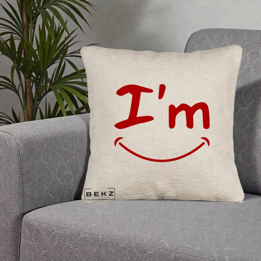 Perna Decorativa I'm Happy Smile, 40x40 cm, Bej Canapea, Husa Detasabila, Perna Inclusa, BEKZ®