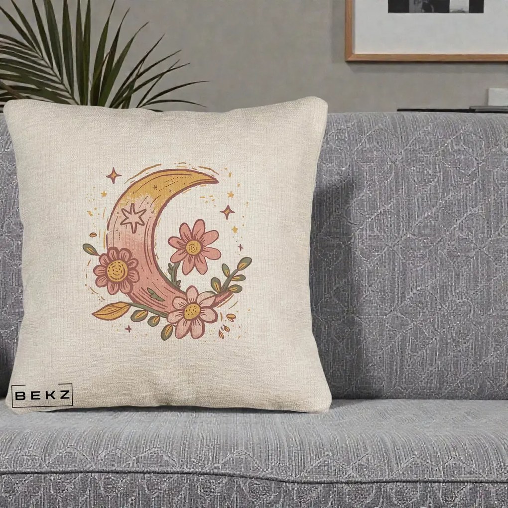 Perna Decorativa Luna Florala Boho, 40x40 cm, Bej Canapea, Husa Detasabila, Perna Inclusa, BEKZ®