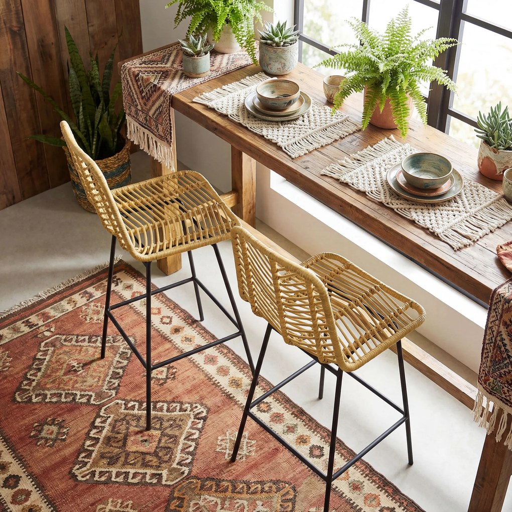 HOMCOM Lot de 2 taburete de bar design boem Înălțime 66 cm cu suport pentru picioare din metal și răchită PE, natural | Aosom Romania