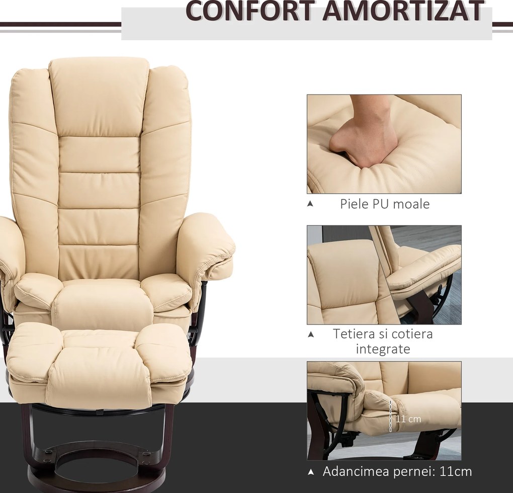 HOMCOM Set Fotoliu și Pouf pentru Picioare, Rotativ la 360° și Reclinabil cu Suport pentru Cap și Brate, 85x106x94cm, Bej | Aosom Romania