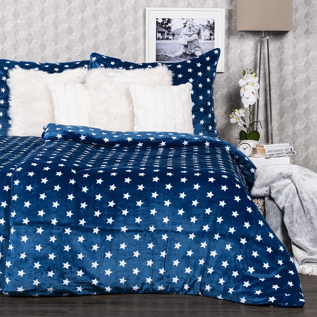 Lenjerie pat 1 pers.,4Home microflanel Stars albastru, 160 x 200 cm, 70 x 80 cm