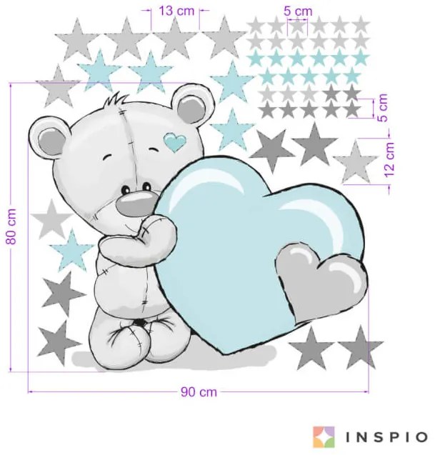 INSPIO Autocolant pentru perete - Ursuleț în culoarea mentei, cu stele și nume