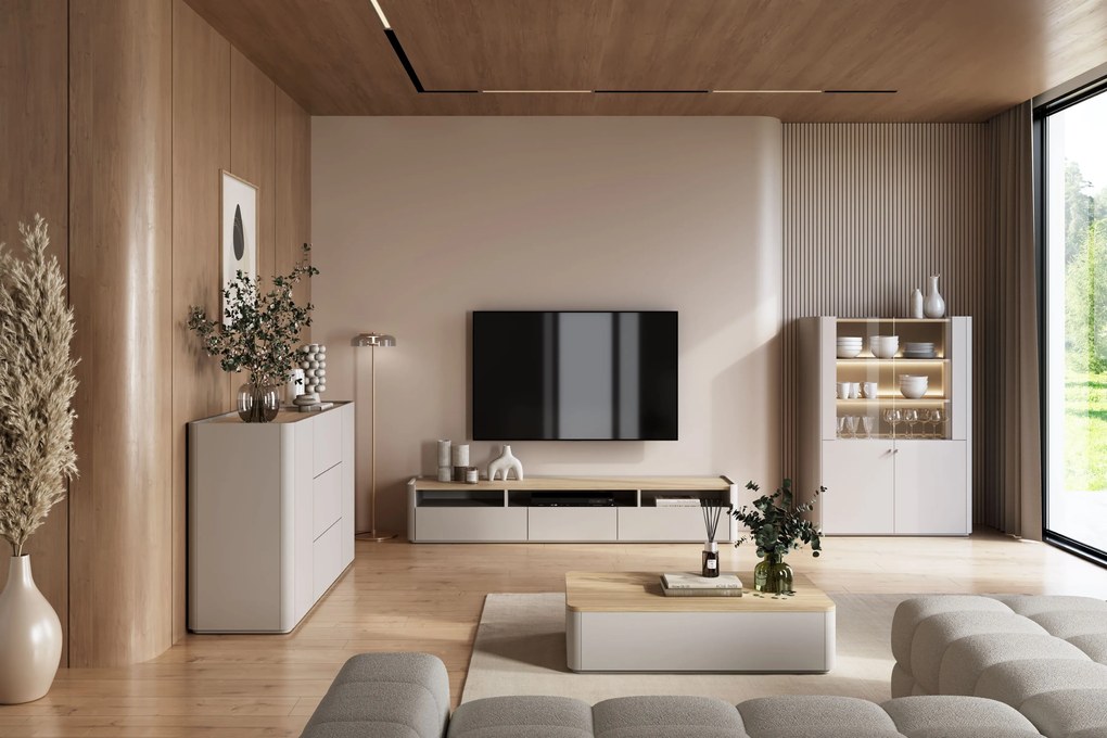 Comodă TV cu două sertare Elivo 200 cm - cașmir / stejar uleiat