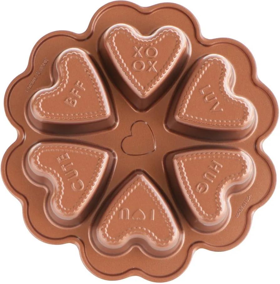 Formă pentru 6 prăjituri în formă de inimă Nordic Ware Valentine, 500 ml, arămiu