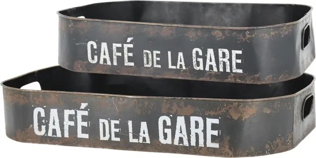 Set 2 tavi din metal cu patina vintage, "Cafe de la Gare"