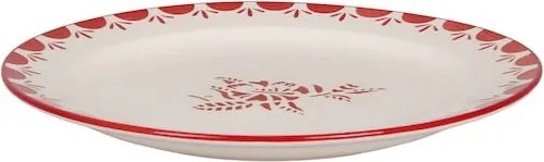 Farfurie din ceramică artizanală, natur, cu motiv floral pictat manual în roșu și bordură decorativă, 26 cm, „Marion Flower"