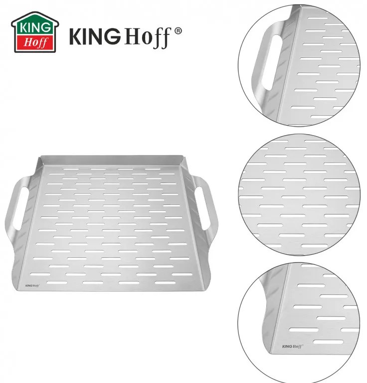Tava pentru gratar Kinghoff KH 1917, 37x31 cm, Otel inoxidabil, Perforata, Margini înalte, Inox