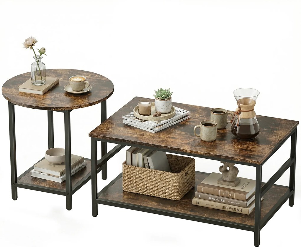 HOMCOM Set mese de cafea, 2 piese, masă dreptunghiulară și rotundă cu depozitare în 2 nivele, maro rustic | Aosom Romania