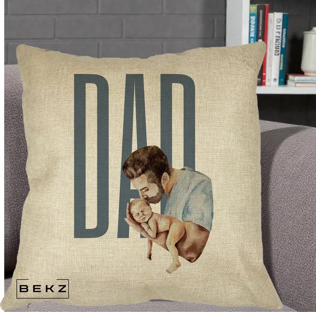 Cadou pentru Tata - Perna Personalizata DAD Tata si Nou-Nascut, 40x40 cm, Crem, Husa Detasabila, Perna Inclusa, BEKZ®